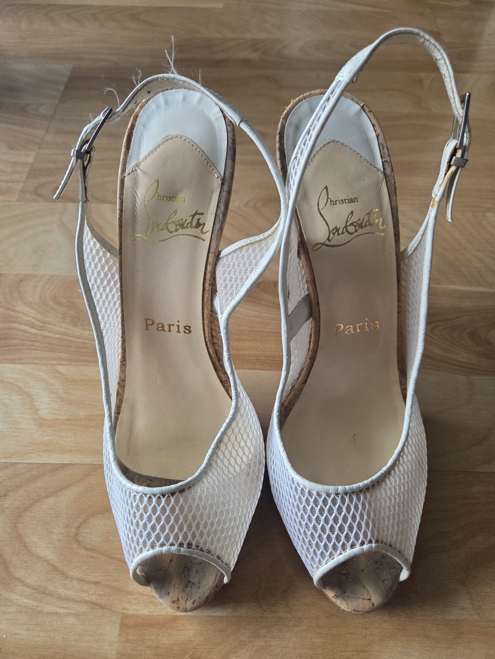 Christian Louboutin White Mesh Cork Peep-Toe Slingback Heels,fair Condition,38.5